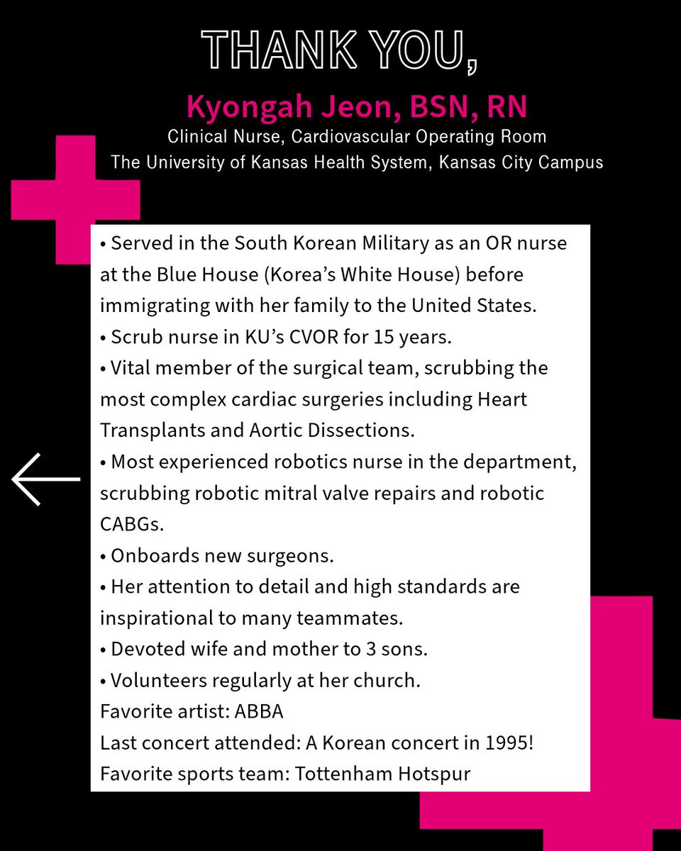 T-Mobile Center (@tmobilecenter) on Twitter photo Meet Kyongah Jeon at <a href="/KUHospital/">The University of Kansas Health System</a> – a clinical nurse in the Cardio OR. 🌟 As a vital surgical team member, she scrubs in on the most complex cardiac surgeries, including ❤️ transplants and aortic dissections. Hit the like button and let's celebrate all nurses who lead with heart! Meet Kyongah Jeon at <a href="/KUHospital/">The University of Kansas Health System</a> – a clinical nurse in the Cardio OR. 🌟 As a vital surgical team member, she scrubs in on the most complex cardiac surgeries, including ❤️ transplants and aortic dissections. Hit the like button and let's celebrate all nurses who lead with heart!