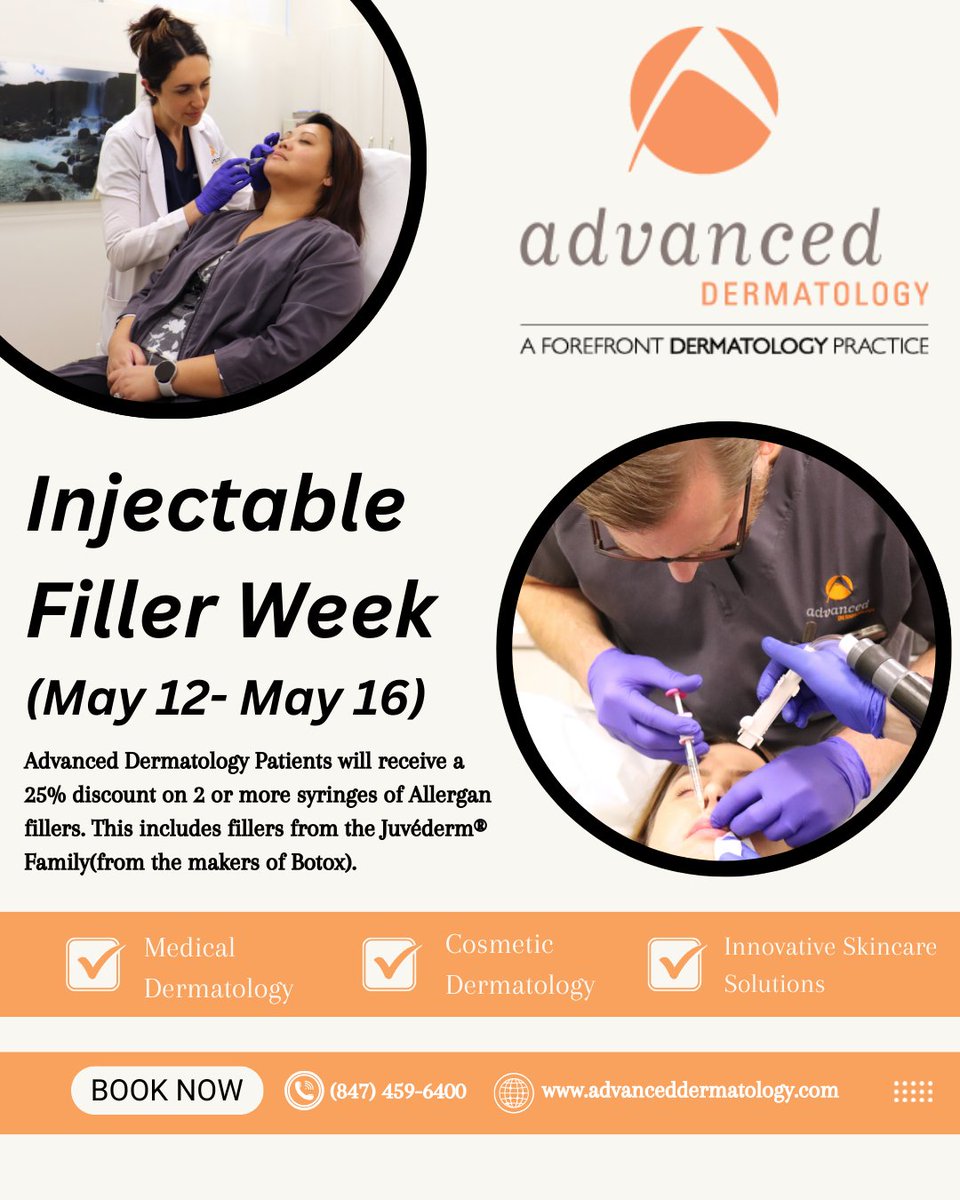 advdermatology's tweet photo. Injectable Filler Week is May 12–16! 🎉 25% off 2+ Allergan fillers &amp; exclusive 20% off at skinfo®! Schedule now: https://t.co/XvpUA4jR97 #InjectableFillers #JuvedermFamily #SkinCareSpecials #AdvancedDermatology #CosmeticInjectables https://t.co/8042VlJtrI