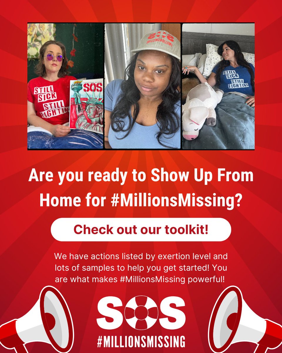 MEActNet's tweet image. It’s time! #MillionsMissing is this Monday! Are you ready? We can help! We have a Show Up From Home Toolkit that we have been adding more resources to and it is waiting to help you prepare! ow.ly/zHJX50VQmBX
#DisabilitySOS #PwME #MECFS #LongCovid