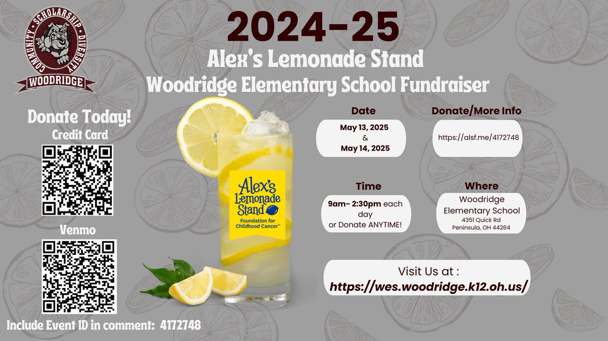 Reminder!  Alex's lemonade stand is coming to Woodridge Elementary School next week!  Thank you in advance for all of your support for this great cause!