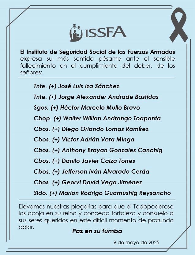 ISSFA_ECUADOR's tweet photo. ✝️ Con profundo pesar nos unimos al dolor de las familias de los valientes militares que perdieron la vida en el cumplimiento del deber. 

Su entrega, coraje y compromiso con la patria quedarán grabados para siempre en nuestra memoria colectiva. #IssfaSiempreContigo https://t.co/EgBYybCltb