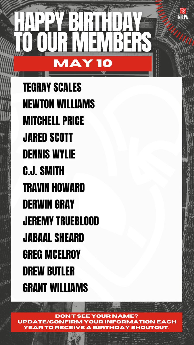 NFLPA Former Players (@nflpafmrplayers) on Twitter photo Happy birthday to our members @tegray_scales8 @NEWTONWILLIAMS @mitchell_LPrice @Jsco1_ @DennisRWylie <a href="/Cjsmith_6/">Cj Smith</a> <a href="/TravinTheGreat/">Travin Howard</a> @teamgrayy <a href="/jeremyTRUEblood/">Jeremy Trueblood</a> <a href="/jabaalsheard/">Jabaal Sheard</a> <a href="/GregMcElroy/">Greg McElroy</a> <a href="/DrewButler/">Drew Butler</a> @Coachwilliams77 - Enjoy your day of celebration! Happy birthday to our members @tegray_scales8 @NEWTONWILLIAMS @mitchell_LPrice @Jsco1_ @DennisRWylie <a href="/Cjsmith_6/">Cj Smith</a> <a href="/TravinTheGreat/">Travin Howard</a> @teamgrayy <a href="/jeremyTRUEblood/">Jeremy Trueblood</a> <a href="/jabaalsheard/">Jabaal Sheard</a> <a href="/GregMcElroy/">Greg McElroy</a> <a href="/DrewButler/">Drew Butler</a> @Coachwilliams77 - Enjoy your day of celebration!