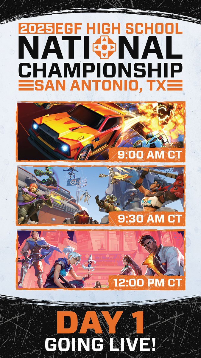 Live from San Antonio, TX, it's Day 1 of the 2025 EGFH National High School Championships! Stream your favorite teams as they vie for this year's championship title!

#RocketLeague: twitch.tv/officialegf
#Overwatch2: twitch.tv/egfhighschool
#Valorant: twitch.tv/officialegf2
