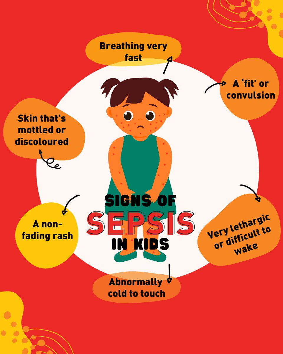 Call 999 or visit A&amp;E if a child has one of the sepsis symptoms and Just Ask: Could it be Sepsis? 

In under-5s, the warning signs differ: 
🚼 Not feeding
🤢 Vomiting repeatedly
🚫 Not passing urine for 12 hours

Learn more: sepsistrust.org/about-sepsis/