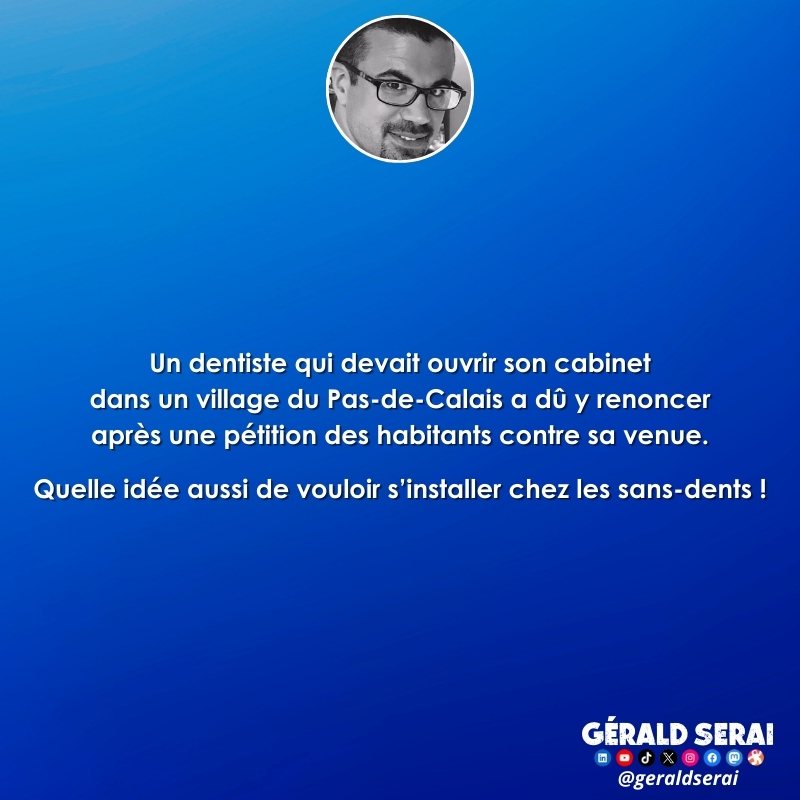 GeraldSerai's tweet photo. #bfn #breakingfakenews #humour #humourfrançais #actualité #brèves #pasdecalais #dentiste #installation #Petition #renonciation
Impertinemment vôtre ! 😜🔔 https://t.co/jCo9DW2ZHP