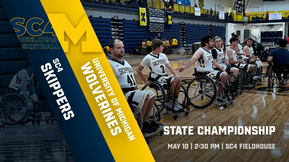 🦽🏀Wheelchair Basketball Game Day🦽🏀

🆚: MSU &amp; UofM 
⏰: 12:45 PM &amp; 2 PM
📍: SC4 Fieldhouse 
🎥: stream.prestosports.com/stclaircountycc

Good Luck Skippers💙💛

#skipperpride