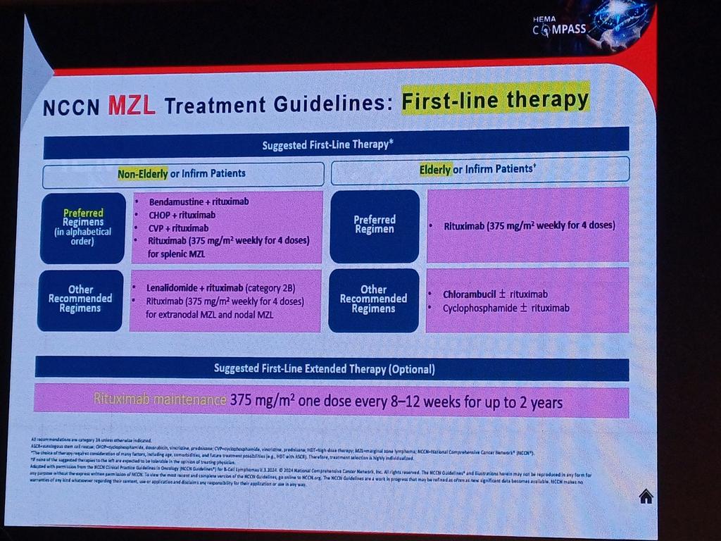 AhmedKo45911157's tweet photo. #MZL First-Line Therapy (NCCN 2025)
Non-elderly:
• Bendamustine-R, CHOP-R, CVP-R
• Rituximab alone (esp. splenic MZL)
Elderly/Infirm:
• Rituximab monotherapy
• ± Chlorambucil or Cyclophosphamide
Maintenance: Rituximab q8–12w × 2 yrs
#MarginalZoneLymphoma #Hematology #NCCN https://t.co/ylCsy9VjWY