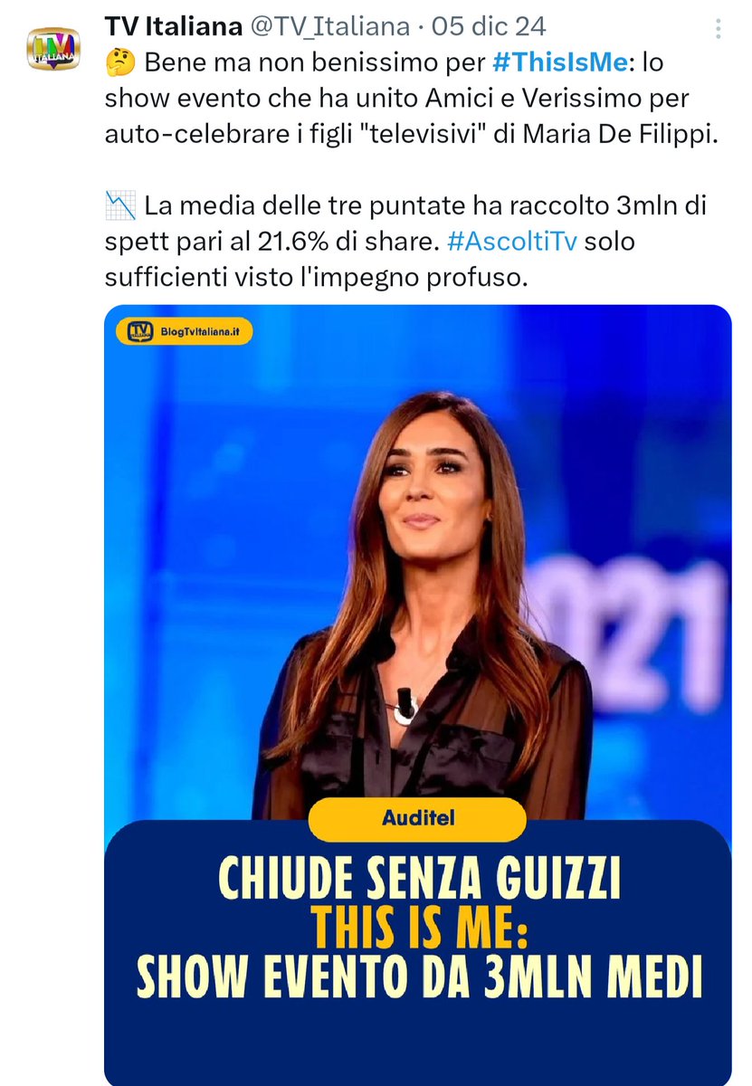 TheLedyInYellow's tweet photo. @TV_Italiana Ascolti sufficienti 2,4 milioni e il 16% 🤣🤣🤣🤣🤣  vabbè, ti commenti da solo!! Poi #ThisIsMe con 3mln e il 21.6% di media non andava bene. #ascoltitv https://t.co/jYhAFEmEI2