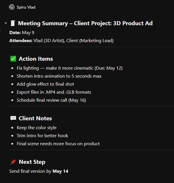 vlad_works's tweet image. 🚀 As a freelance 3D artist, meetings used to leave me with scattered notes &amp;amp; forgotten follow-ups.
@clickup  &apos;s AI Notetaker  — now my client calls turn into instant action items, imported in my Clickup Doc
#ClickUpAI #MeetingNotes #AIProductivity