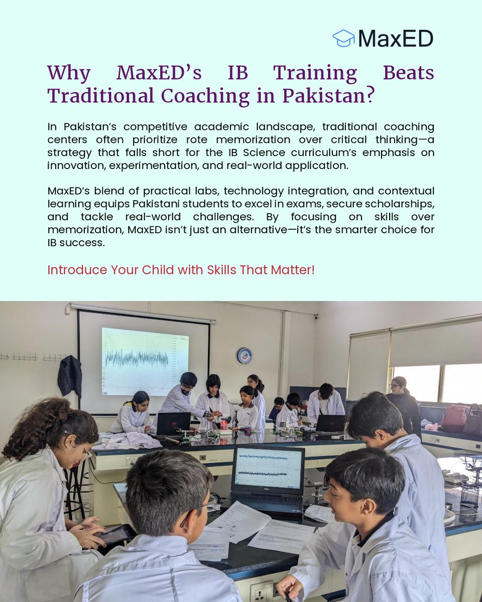 MaxED_pk's tweet image. Why settle for rote learning?
MaxED’s IB training transforms classrooms into labs of curiosity, discovery, and real-world problem-solving.
📍 Onsite in Lahore | Starting June 2
📲 Book your slot now: maxed.pk
#MaxED #IBStudents #IBScience #IBPakistan #IBDP #MYP