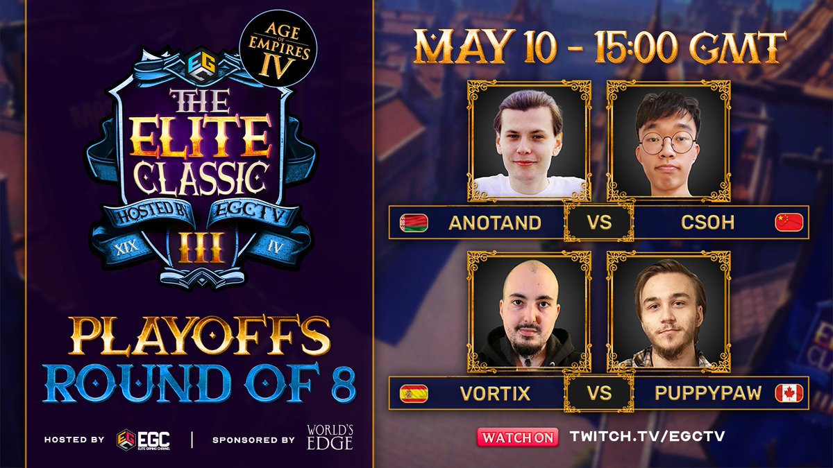 What a day in The Elite Classic III as we head into the playoffs! 

We start with Anotand vs CsOH! will CsOH continue to surprise us? Then who between VortiX and Puppypaw will take the win and advance to the Round of 6?

It starts at 15 GMT on Twitch.tv/EGCTV!