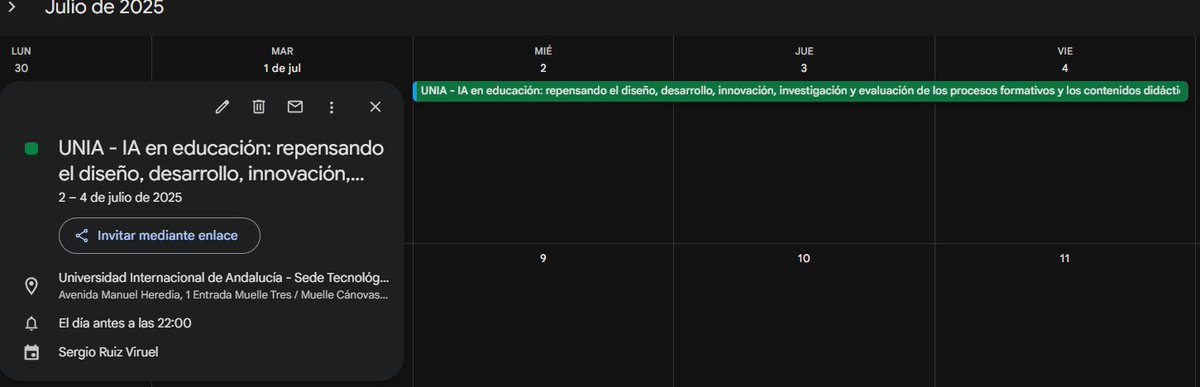 [#ElVeranoDelFuturo] Ya reservado en Google Calendar los días 2, 3 y 4 de julio para ir a uno de los cursos de verano de la UNIA (<a href="/UNIAuniversidad/">Universidad Intern. de Andalucía</a>).

➤ IA en educación: repensando el diseño, (...).
➤ Dirige: Dra. Andrea Cívico (<a href="/Andrea_civico/">Andrea Cívico Ariza</a>). 
➤ Web: unia.es/estudios-y-acc…
