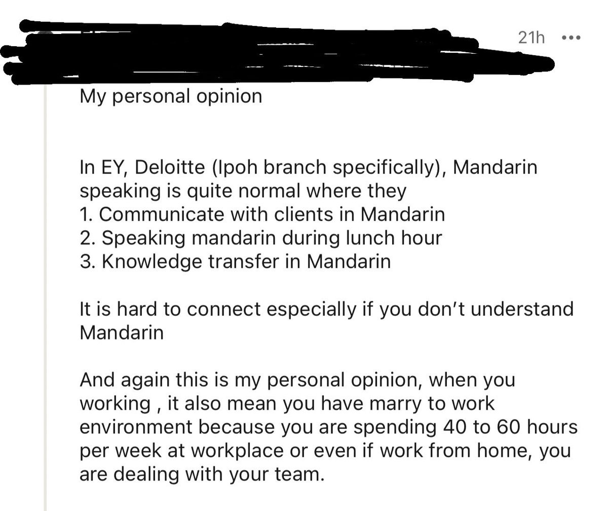 I saw this comment on LinkedIn under a post about Mandarin speakers in Malaysians.

This should NOT be normalised.
This means Non-Mandarin speakers will have less opportunities to grow.

MY Chinese will say Mandarin speaker is not discriminatory but this is exactly what happens