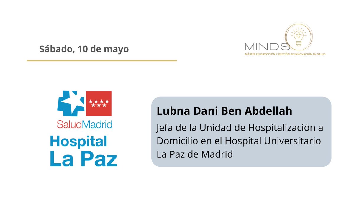 MINDS_Master (@minds_master_) on Twitter photo Para finalizar
🗣️ <a href="/LubnaDani/">Lubna Dani Ben Abdel-lah</a> Jefa de la Unidad de Hospitalización a Domicilio en el <a href="/HospitalULaPaz/">Hospital La Paz</a> , promueve la necesidad de incorporar innovación organizativa para transformar la atención sanitaria, en concreto en el campo de la Hospitalización a Domicilio Para finalizar
🗣️ <a href="/LubnaDani/">Lubna Dani Ben Abdel-lah</a> Jefa de la Unidad de Hospitalización a Domicilio en el <a href="/HospitalULaPaz/">Hospital La Paz</a> , promueve la necesidad de incorporar innovación organizativa para transformar la atención sanitaria, en concreto en el campo de la Hospitalización a Domicilio
