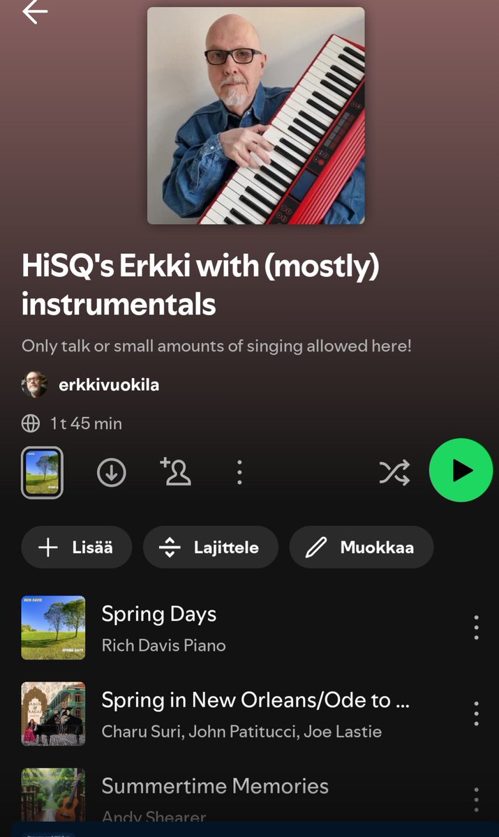 HiSQ ("The Story So Far" single with Minna Ora) (@hisq_official) on Twitter photo Erkki has a new instrumental playlist of indies and also some superstars incl. <a href="/NightwishBand/">Nightwish</a> and #Abba!❤️💪🎹🎧🎼
<a href="/StacyJager5/">Stacy Jager</a>
<a href="/sweet_crystal/">Sweet Crystal</a>
<a href="/RosiBoti/">Rosi Botí</a>
<a href="/JDSampo/">John M Davis is working on a new album</a>
<a href="/charusurimusic/">Charu Suri - RAGS & RAGAS out now!!</a>
<a href="/AntmanAnt3/">Antman Ant</a>
<a href="/12Below_/">12 Below</a>
<a href="/JuliaThomsen10/">Julia Thomsen</a>
<a href="/AaronCorley1/">Transdimensional Music</a>
<a href="/amanda_d_piano/">Amanda Dangerfield</a>
<a href="/DMCCORMA/">David S McCormack</a>
open.spotify.com/playlist/7IjJm… Erkki has a new instrumental playlist of indies and also some superstars incl. <a href="/NightwishBand/">Nightwish</a> and #Abba!❤️💪🎹🎧🎼
<a href="/StacyJager5/">Stacy Jager</a>
<a href="/sweet_crystal/">Sweet Crystal</a>
<a href="/RosiBoti/">Rosi Botí</a>
<a href="/JDSampo/">John M Davis is working on a new album</a>
<a href="/charusurimusic/">Charu Suri - RAGS & RAGAS out now!!</a>
<a href="/AntmanAnt3/">Antman Ant</a>
<a href="/12Below_/">12 Below</a>
<a href="/JuliaThomsen10/">Julia Thomsen</a>
<a href="/AaronCorley1/">Transdimensional Music</a>
<a href="/amanda_d_piano/">Amanda Dangerfield</a>
<a href="/DMCCORMA/">David S McCormack</a>
open.spotify.com/playlist/7IjJm…
