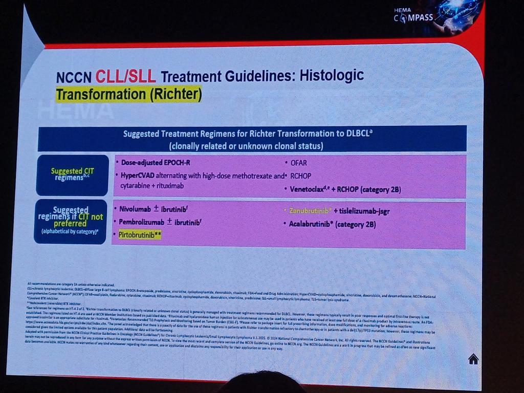 AhmedKo45911157's tweet image. #CLL/#SLL Richter Transformation #NCCN 2025

CIT options:
• EPOCH-R, R-CHOP, HyperCVAD ± rituximab
• Venetoclax + R-CHOP (Cat 2B)

If CIT not preferred:
• Checkpoint inhibitors (Nivolumab, Pembrolizumab) ± ibrutinib
• Pirtobrutinib, Zanubrutinib + Tislelizumab, Acalabrutinib