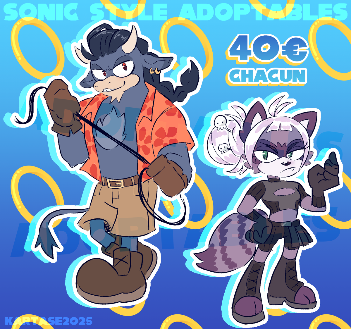 NOUVEAUX ADOPTABLES!!!🦔
Des petit adopt vibe Sonic avec des idées d'animaux que vous m'avez donnez!💙
🐂🌟🦝

#Kartadoptables
Venez en dm si vous êtes intéressés!💖