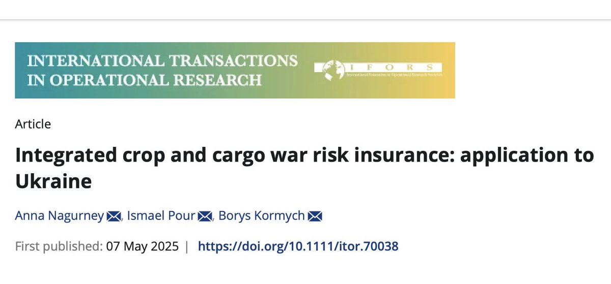 Borys Kormych 🇺🇦 (@just_borys) on Twitter photo It was an incredible experience and a great pleasure to work on this paper with the brilliant Anna Nagurney <a href="/Supernetworks/">Anna Nagurney</a> and <a href="/IsmaelMPour/">Ismael Pour</a>
#cargo #crop #insurance #food #security #variational #inequalities #wartime #risk
doi.org/10.1111/itor.7… It was an incredible experience and a great pleasure to work on this paper with the brilliant Anna Nagurney <a href="/Supernetworks/">Anna Nagurney</a> and <a href="/IsmaelMPour/">Ismael Pour</a>
#cargo #crop #insurance #food #security #variational #inequalities #wartime #risk
doi.org/10.1111/itor.7…