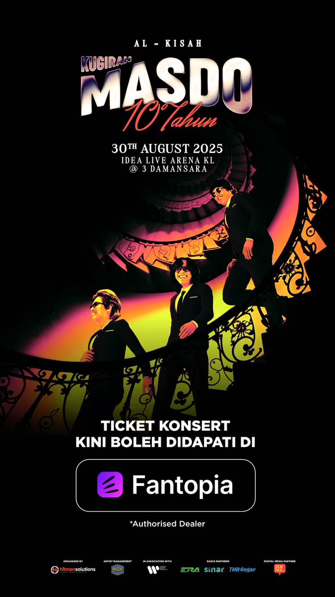 KONSERT AL-KISAH MASDO SEPULOH TAHUN

Jom sambut ulang tahun Kugiran Masdo yang ke -10! Bernyanyi dan menari pada lagu irama retro - Dinda, Berchanda Di Malam Indah, Pujaan Hati dan banyak spanjang malam. 

Tarikh: 30.08.2025(Sabtu)
Lokasi: Idea Live Arena KL @ 3 Damansara