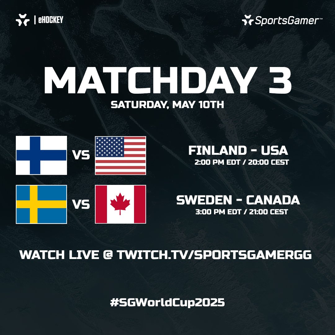 SportsGamer (@sportsgamergg) on Twitter photo ๐ North America vs the Nordics โ who takes it?
๐ซ๐ฎ Finland takes on ๐บ๐ธ USA
๐ธ๐ช Sweden battles ๐จ๐ฆ Canada
Itโs MATCHDAY 3 of the #SGWorldCup2025!
๐บ Watch LIVE: twitch.tv/SportsGamerGG
โฐ 1:45 PM EDT/19:45 CEST | Saturday, May 10th
#NHL25 | #eHockey | <a href="/EASPORTSNHL/">EA SPORTS NHL</a> ๐ North America vs the Nordics โ who takes it?
๐ซ๐ฎ Finland takes on ๐บ๐ธ USA
๐ธ๐ช Sweden battles ๐จ๐ฆ Canada
Itโs MATCHDAY 3 of the #SGWorldCup2025!
๐บ Watch LIVE: twitch.tv/SportsGamerGG
โฐ 1:45 PM EDT/19:45 CEST | Saturday, May 10th
#NHL25 | #eHockey | <a href="/EASPORTSNHL/">EA SPORTS NHL</a>