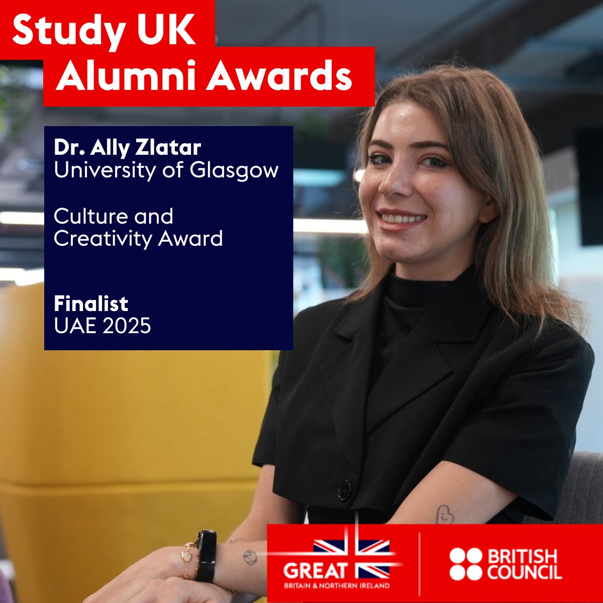 Celebrating Excellence! 🎉 A huge shoutout to Dr. Ally Zlatar our #StudyUKAlumniAwards Culture and Creativity category finalists in the UAE! 🌟 She is an alumna of University of Glasgow. Your achievements inspire us all!
<a href="/StudyUKBritish/">Study UK</a>
<a href="/UofGlasgow/">University of Glasgow</a>
@allyzlatar