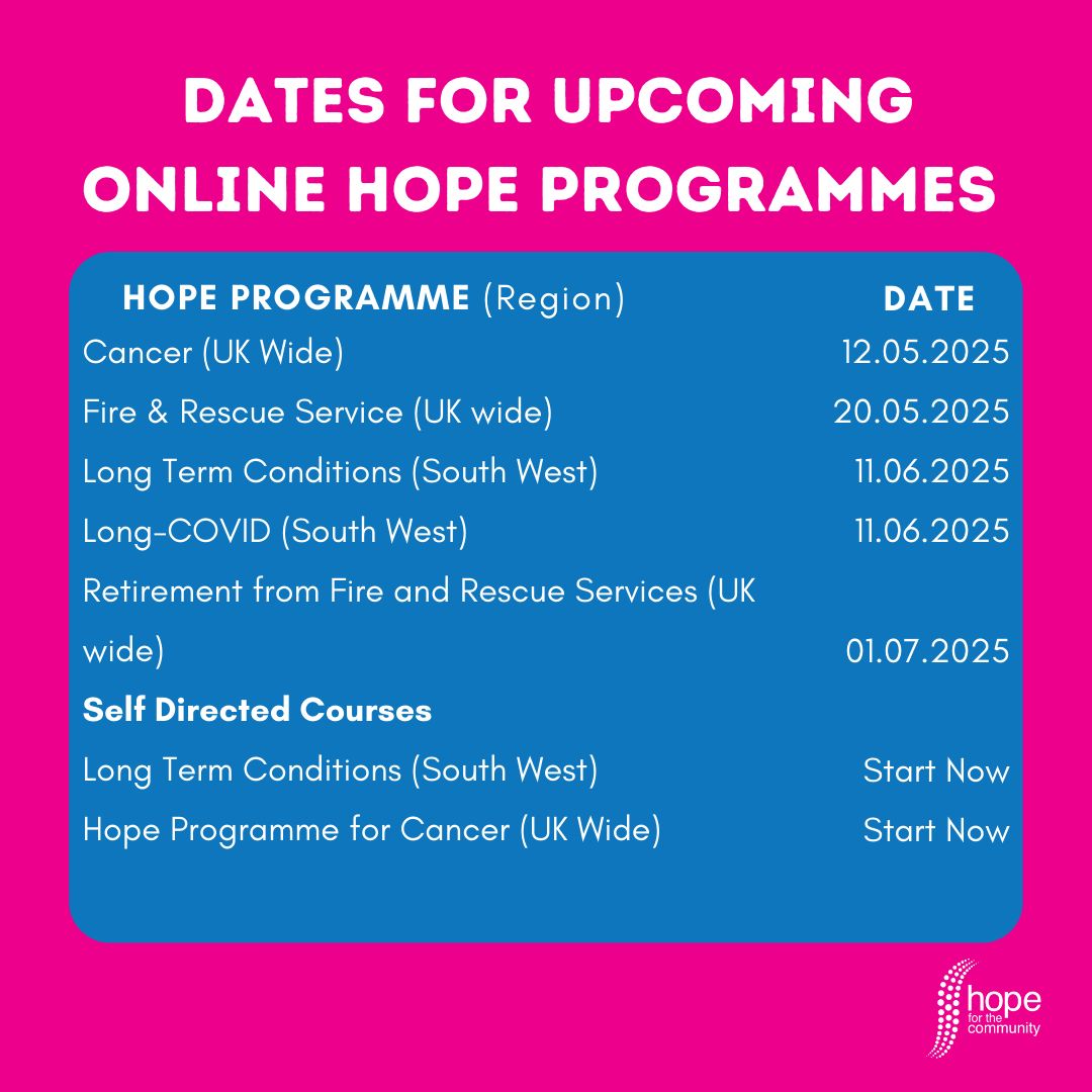 HOPE4TC's tweet photo. 📅 Check out our upcoming Hope Programme dates and find the right one that suits you here ➡️ https://t.co/wo79R67ax2 💙✨ #LiveWellwithHope #FindYourHope 💪🏼 #HopeProgramme 🌟 #selfmanagement 👥 Remember, you're not alone! https://t.co/WVLZD4DniP