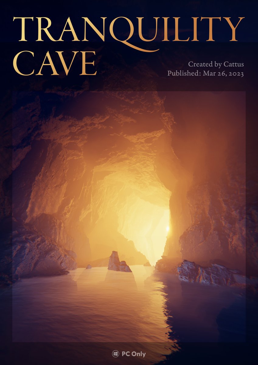 斜陽が差し込む岩窟のワールド「Tranquility Cave (By Cattus)」を洋書の表紙風に。反対側には縦穴も開いています。
#VRChat_world紹介 #VRChat #vrchatphotography #VRChat_空想広告シリーズ