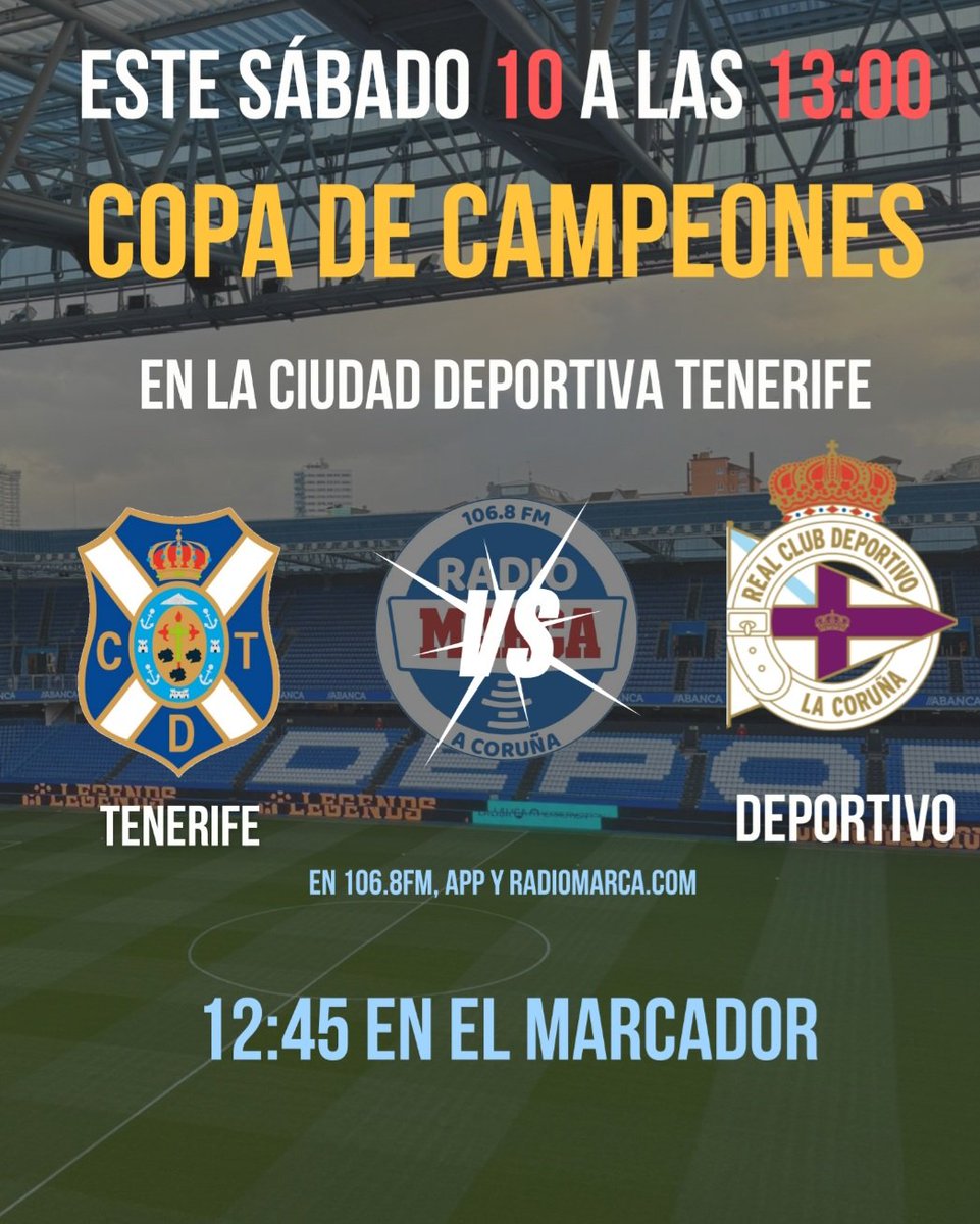 A las 12.45 empezamos un finde repleto de deporte coruñés en <a href="/rmarcacoruna/">Radio MARCA Coruña</a>. Viviremos el <a href="/CDTOficial/">CD Tenerife 🏴󠁧󠁢󠁳󠁣󠁴󠁿</a> <a href="/DeporCanteira/">Dépor Canteira</a> Juvenil y, a continuación, <a href="/RealSporting/">Real Sporting</a> <a href="/RCDeportivo/">RC Deportivo</a> en El Molinón. <a href="/JesusSobrinoGos/">Jesús Sobrino</a> Adri Menéndez <a href="/SeeergioGM/">Sergio González</a> <a href="/pelicantona/">JAS</a>  <a href="/xiaodaleira/">Xulián Suárez</a> y XA.

106.8 FM,app y web