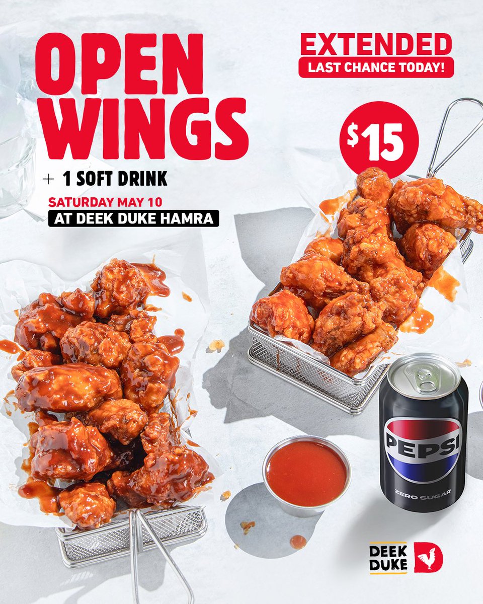 Plot twist : Open Wings isn’t done yet.🥳
Your last chance to go all in is TODAY at Deek Duke Hamra!
Go big, go bold, go wings. 🍗🔥

#DeekDuke #DeekDukeLb #Chicken #OpenWings #Hamra #beirut