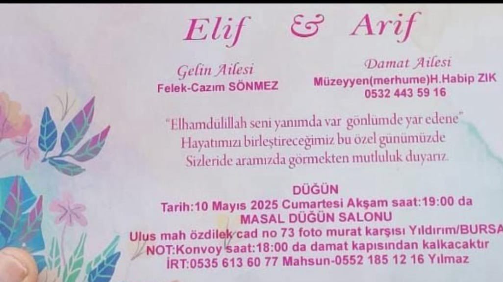 DAVETİYE….

Davetiyede tarihi saati ve adresi yazılı olan oğlumun düğününe tüm hemşerilerimiz davetlidir.

 Hacı Habib ZIK
 0532 443 59 16