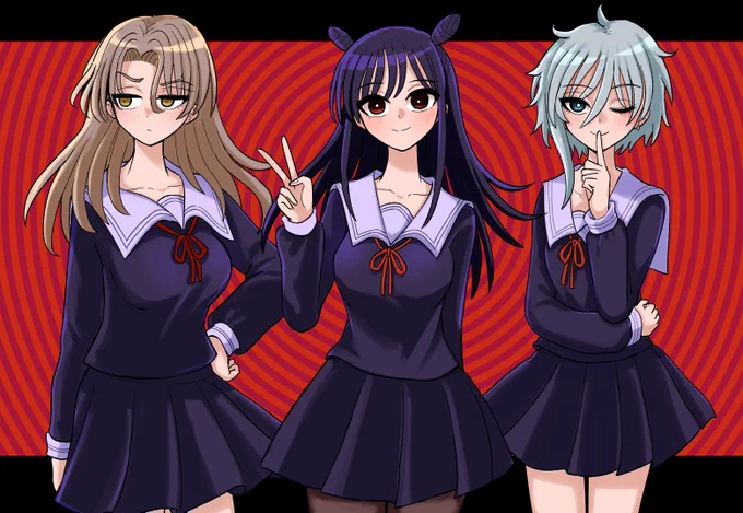 怪異部1話お読みいただきありがとうございますということでカウントダウン絵のまとめです。こうして見るとトリオ感あってかわいいですね() 