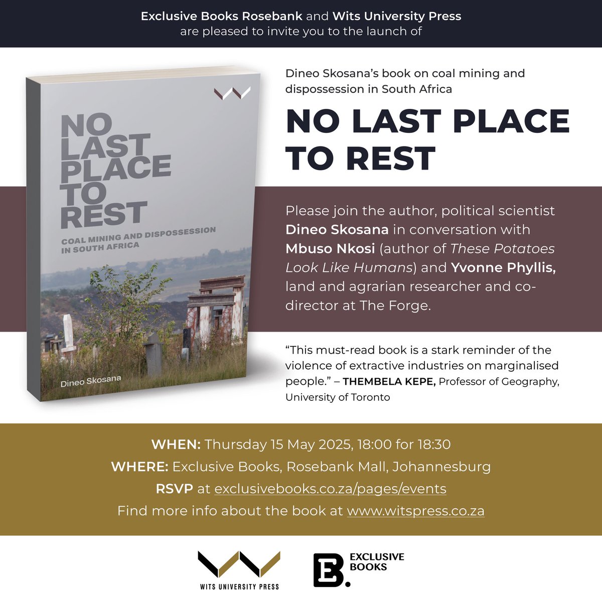 The next launch of “No Last Place to Rest”, 15 May at Exclusive Books in Rosebank. RSVP here exclusivebooks.co.za/pages/events#?…