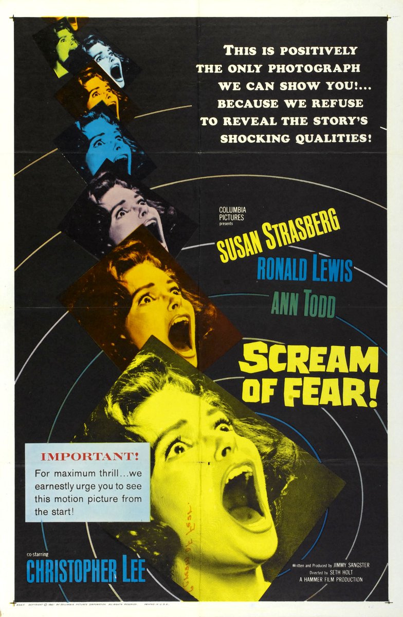 AngusKohm's tweet photo. #FridayNightAtTheHomeDriveIn
Scream of Fear (1961) by #SethHolt & #JimmySangster
w/ #SusanStrasberg #AnnTodd #ChristopherLee
A wheelchair-bound woman returns to her father's estate and begins to suspect something terrible has happened to him.
#HammerHorror
#NotQuiteClassicCinema https://t.co/ZhXvFBorl0