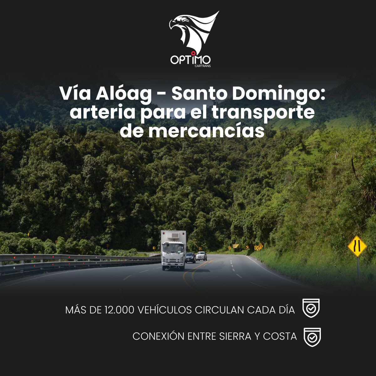OptimocarTr's tweet photo. Más de 12.000 vehículos transitan cada día por la vía Alóag–Santo Domingo; de éstos 5.000 son camiones de carga pesada. Es una ruta clave que conecta la Sierra con la Costa del Ecuador. 

Su mantenimiento es vital para el comercio y la economía del país. 🛣️🇪🇨

#OptimoCarTrans https://t.co/FlKCJypQH1