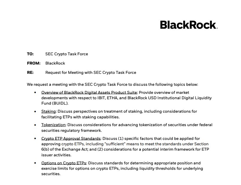 BlackRock, SEC Crypto Task Force ile bir toplantı talebinde bulundu. Toplantının konu başlıkları görseldeki gibi. Sizce bu toplantıdan nasıl kararlar çıkar? 👀👇