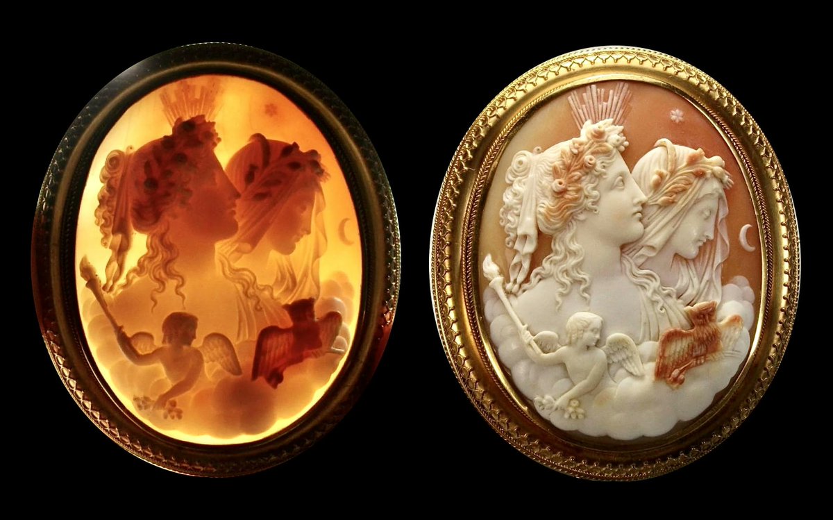 BiancoDavinci's tweet photo. A cameo brooch sculpted as an allegory of Day and Night, Italy, 1801-1900 https://t.co/m1B20gm7VC