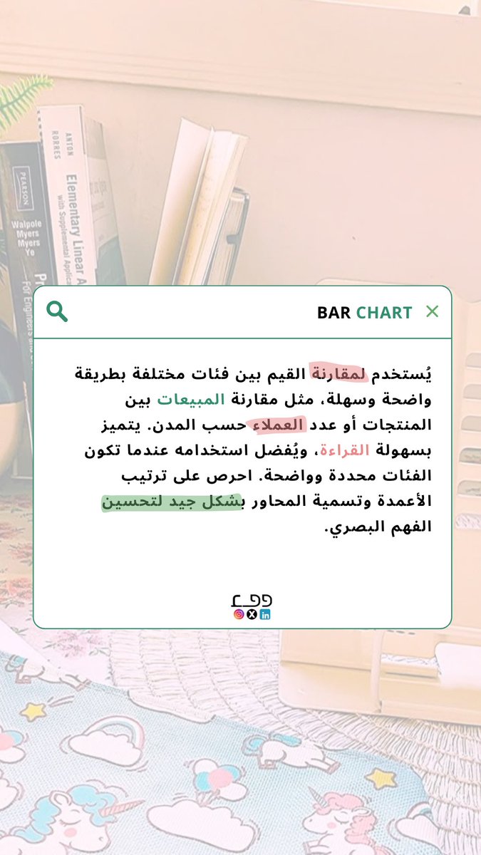 wafastudy's tweet image. 📊 Bar Chart | DA

يُستخدم لمقارنة القيم بين فئات مختلفة بطريقة واضحة وسهلة، مثل مقارنة المبيعات أو عدد العملاء. مثالي لعرض البيانات التصنيفية. احرص على ترتيب الأعمدة وتوضيح المحاور

#تحليل_البيانات #تمثيل_بياني #BarChart #Excel #DataVisualization #بيانات #مخططات