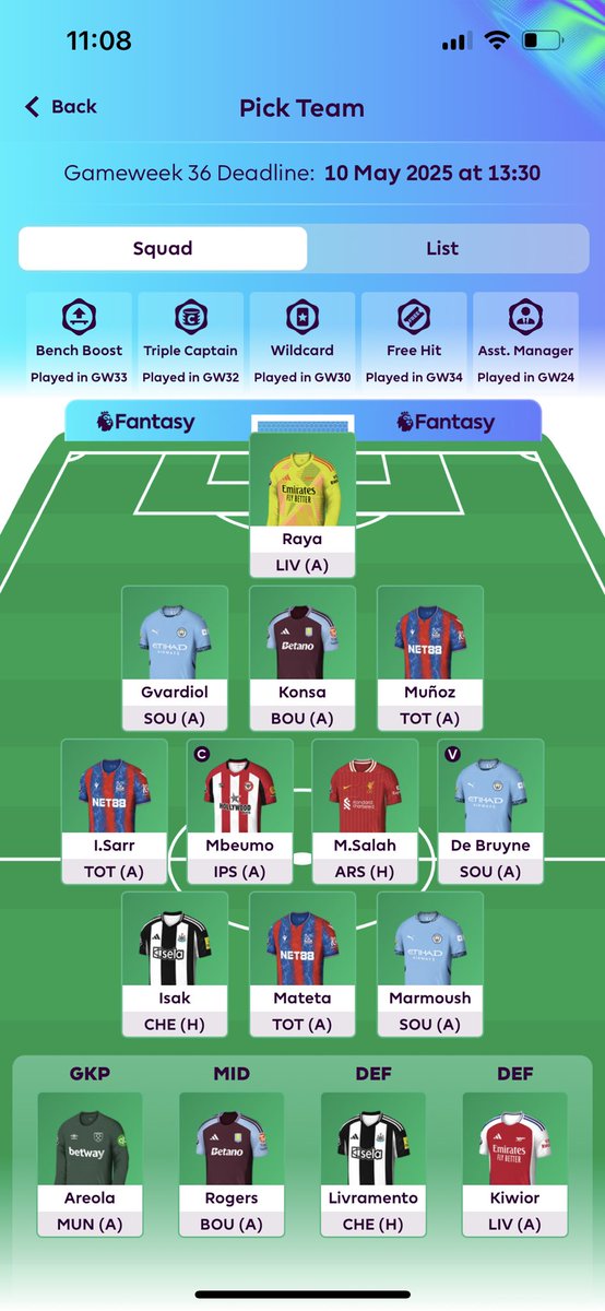 FPL_Rocky's tweet photo. This weeks dilemmas…

1. Raya or Areola
2. Mateta to Wissa or Konsa to Williams
3. Mbeumo or KDB for captain https://t.co/2j2meiksRD