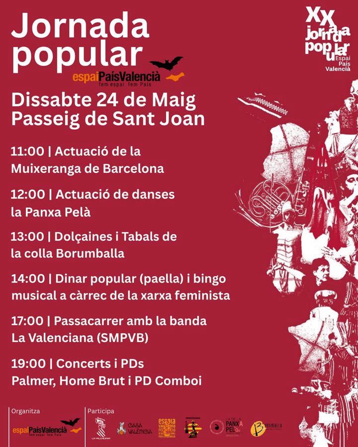 🎉 PROGRAMACIÓ DE LA XX JORNADA POPULAR ESPAI PAÍS VALENCIÀ 🎉
El proper 24 de maig celebrarem la XX Jornada Popular @espaipaisvalenciabcn