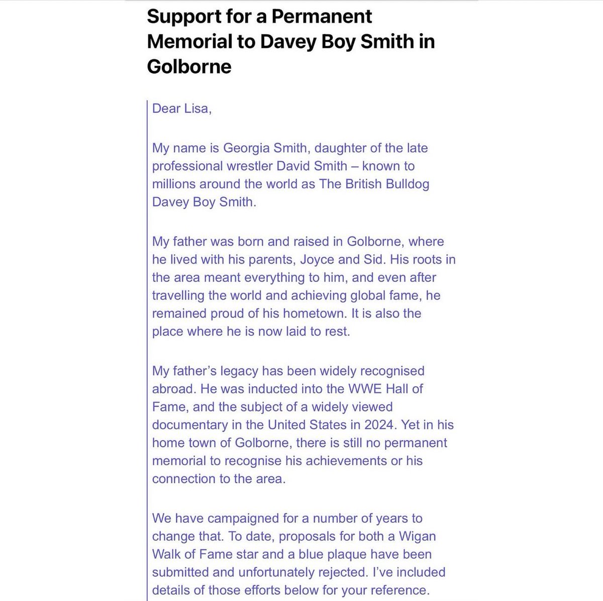 _daveyboysmith's tweet image. Following on from the recent media coverage,I have sent this email to MP Lisa Nandy today, to ask her to review our campaign. It would mean so much to me and my family, and to the people of Golborne and Wigan if we can make this dream a reality. @lisanandy @BBCNews @WiganCouncil