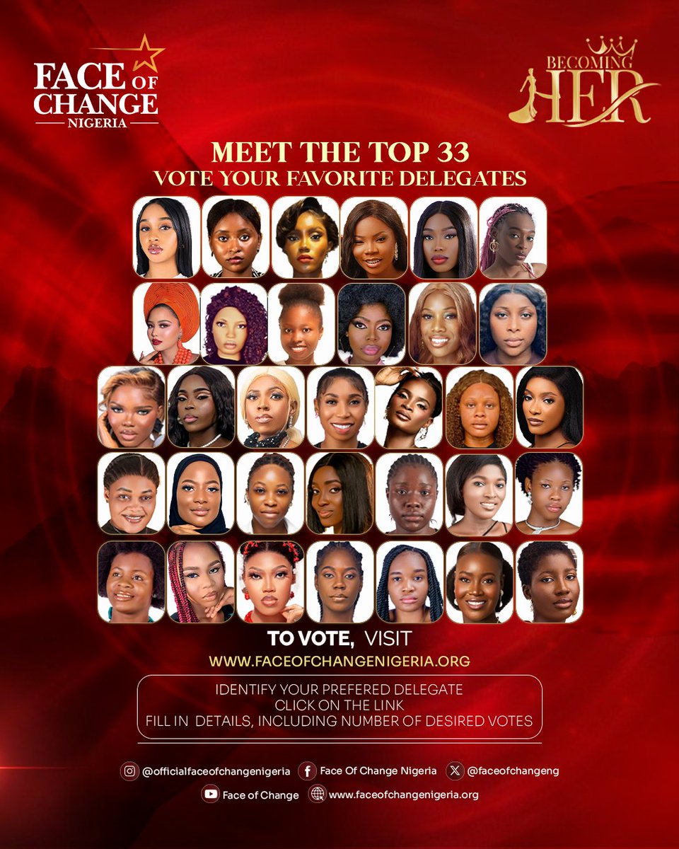 Faceofchangeng's tweet photo. MEET THE TOP 33
The journey to the crown has officially begun! 
Support your favorite delegate in the Face of Change Nigeria 2025 pageant by casting your vote today.
 Visit https://t.co/aAIqmNSykI https://t.co/om6eRvWNVV
