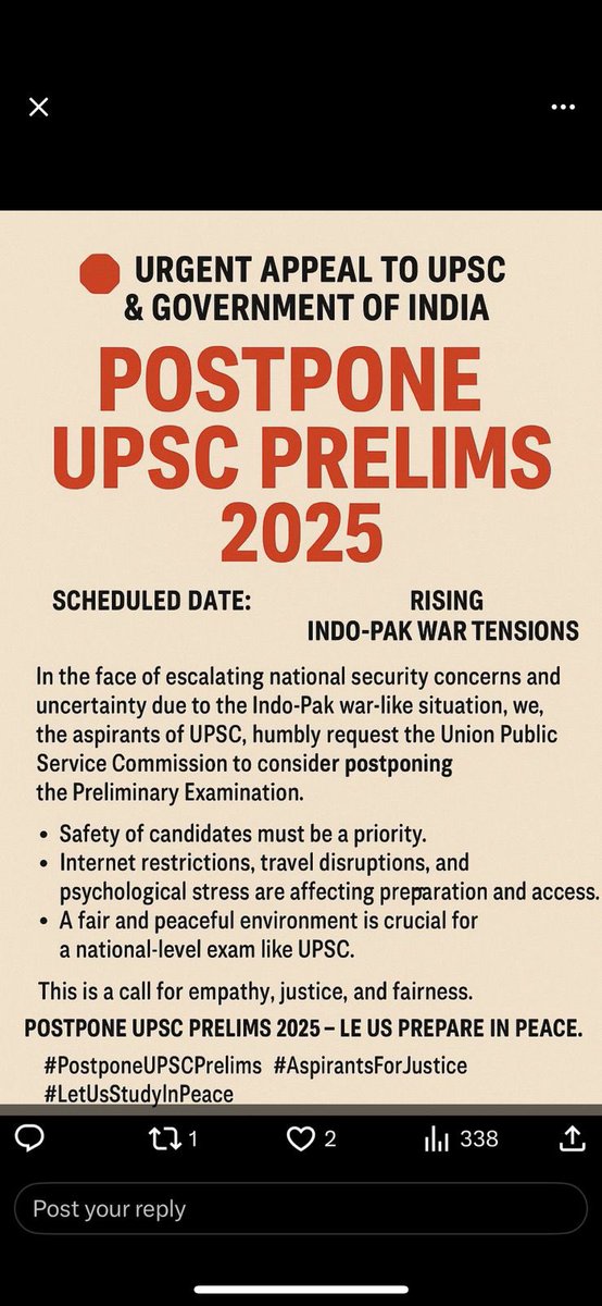 𝐔𝐏𝐒𝐂 𝐏𝐫𝐞𝐥𝐢𝐦𝐬 𝟐𝟎𝟐𝟓 𝐦𝐮𝐬𝐭 𝐛𝐞 𝐩𝐨𝐬𝐭𝐩𝐨𝐧𝐞𝐝"-𝐔𝐑𝐆𝐄𝐍𝐓

The date of Prelims scheduled on May 25,2025,should be deferred, sine die, on practical considerations, in view of the on-going exchange of hostilities between India and Pakistan.

The UPSC aspirants