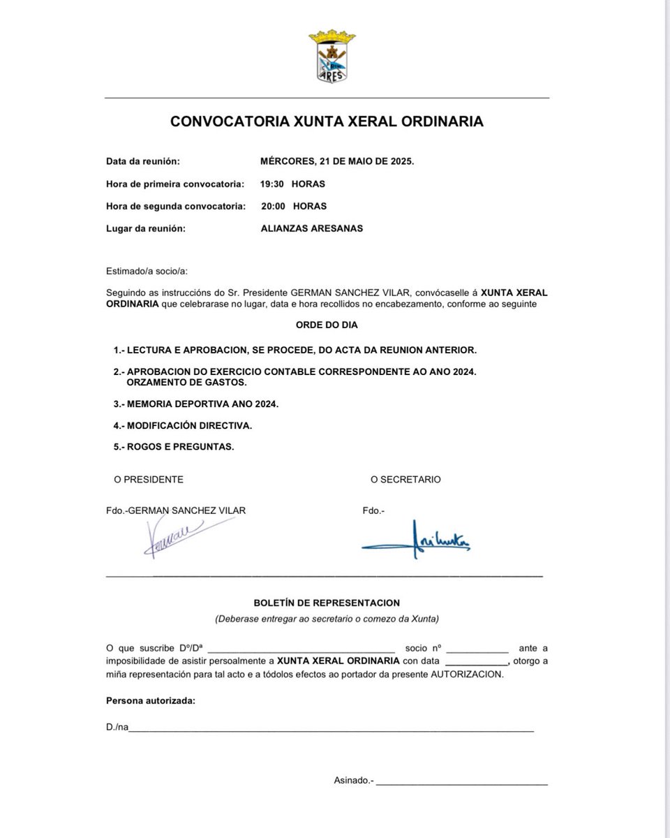 🔹XUNTA XERAL ORDINARIA🔹
🗓️Mércores 21 de maio 
⌚️19:30h.
🏛️Alianzas Aresanas

clubderemodeares.com/asambleas