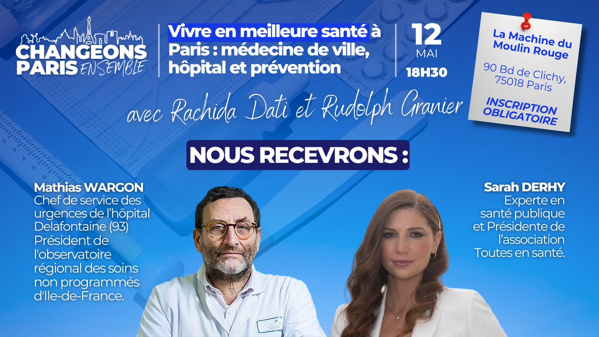 Rachida Dati ن (@datirachida) on Twitter photo 🗓️Paris est en voie de désertification médicale! C'est un problème majeur pour la santé des Parisiens!
Rdv donc ce lundi 12 mai, avec nos invités <a href="/wargonm/">Mathias Wargon</a> & Sarah Derhy pour trouver des solutions.
Médecine de ville, Hôpital, prévention, lutte contre les addictions, nous n'aurons 🗓️Paris est en voie de désertification médicale! C'est un problème majeur pour la santé des Parisiens!
Rdv donc ce lundi 12 mai, avec nos invités <a href="/wargonm/">Mathias Wargon</a> & Sarah Derhy pour trouver des solutions.
Médecine de ville, Hôpital, prévention, lutte contre les addictions, nous n'aurons