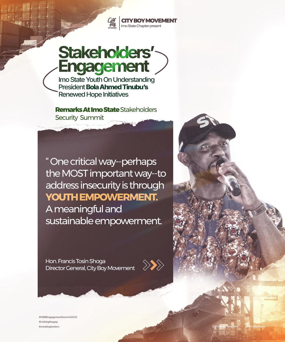 CityBoyMedia's tweet photo. “One critical way, perhaps the MOST important way to address insecurity is through YOUTH EMPOWERMENT. A meaningful and sustainable empowerment.”
-Hon. Tosin Shoga
Director General CityBoy Movement
#CBMEngagementSummit2025
#CreatingLeaders #RenewedHope
#CityBoyMovement #CBMImo https://t.co/WZKSgnI7bs
