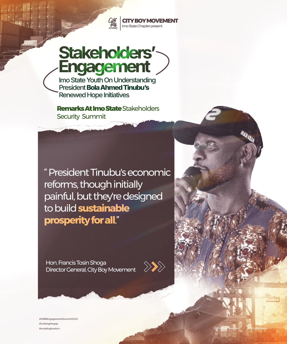 CityBoyMedia's tweet photo. “One critical way, perhaps the MOST important way to address insecurity is through YOUTH EMPOWERMENT. A meaningful and sustainable empowerment.”
-Hon. Tosin Shoga
Director General CityBoy Movement
#CBMEngagementSummit2025
#CreatingLeaders #RenewedHope
#CityBoyMovement #CBMImo https://t.co/WZKSgnI7bs