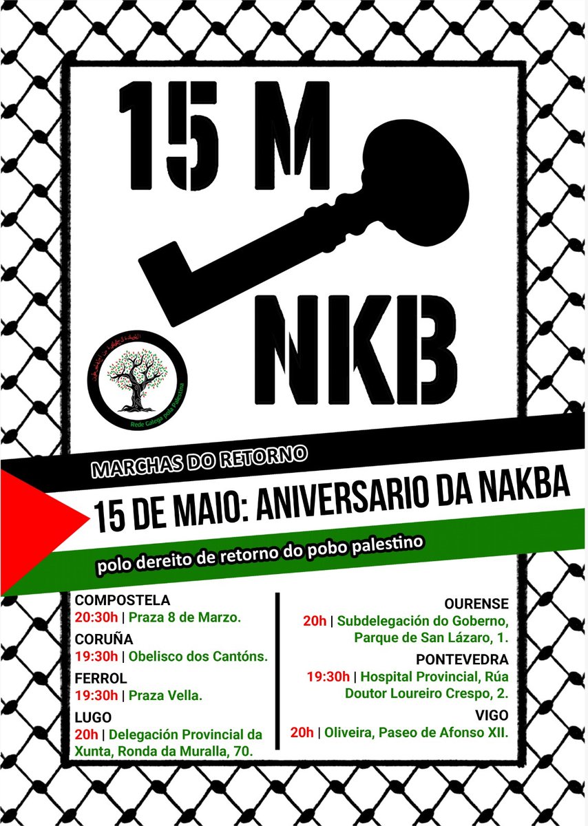 Unamos ás nosas voces pola paz e a liberdade na Palestina e para que os gobernos poñan en marcha accións de presión a Israel para deter a matanza e recoñezan, de xeito inmediato, o Estado Palestino

📅  Xoves15/05/2025
⏰ 19:30h
📌  Praza Vella, Ferrol