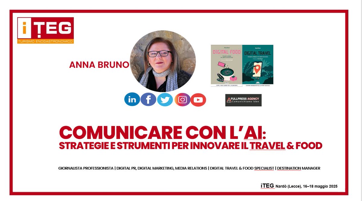 Il 17 maggio 2025 sarò a #iTEG, Sala Formazione (ore 10–13) per parlare di #IA e comunicazione nel #travel e #food. Strumenti utili, strategie concrete e tanti esempi reali.

Ci vediamo a Nardò!
#DigitalPR #AI #marketingturistico #annabruno