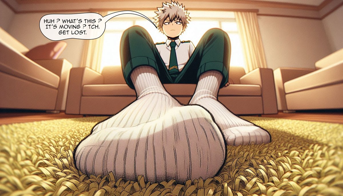 POV #3 🧦
"Kacchan’s white socks crash down before me. Thick, formidable, they bend the fibers of the green carpet. I am tiny. He doesn’t know. One movement, and I’m nothing anymore..."

#AIart #sizetwitter #giantboy #macrophile #MHA