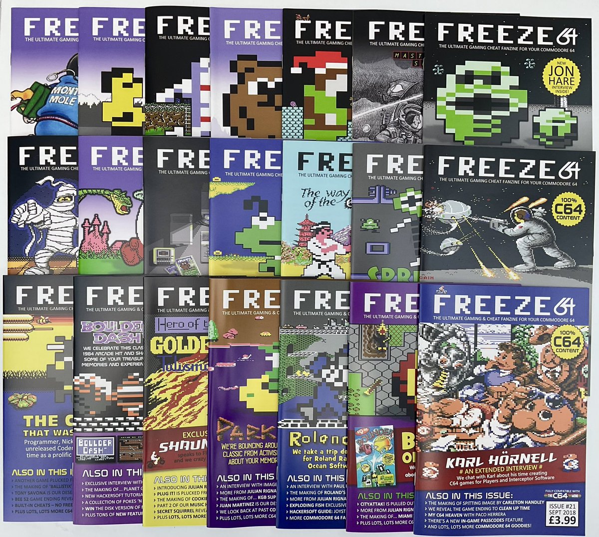 Rare back issues of FREEZE64 1 to 21 are now back in stock for a limited time. 
Once these are gone, I doubt there will be another reprint. 
Grab your copies from:
freeze64.com/issues-1-12/
freeze64.com/issues-13-24/
Next week we’ll also have issues 22-29 back in stock!